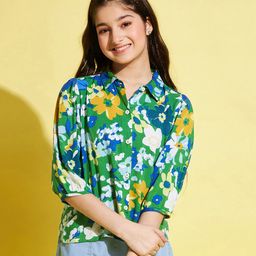 StyloBug Rayon Woven Three Fourth Sleeves Floral Printed Shirt Style Top - Green-image-9