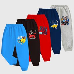 KUCHIPOO Cotton Blend Knit Pack Of 5 Animals & Typography Printed Track Pants - Black Grey Red Sky & Navy Blue-picture-36