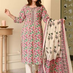 AMRUTVARSHA CREATION Floral Printed Mirror Work Cotton Kurta With Trouser & Dupatta-image-26