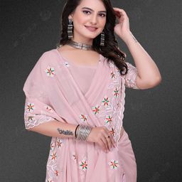 SILKWEAR Ethnic Motifs Embroidered Pure Georgette Saree-image-102