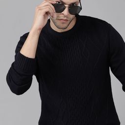 Roadster Men Navy Blue Self Design Pullover-picture-34
