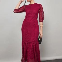 Styli 3/4 Sleeves Lace Insert Frill Hem Bodycon Midi Dress-image-61