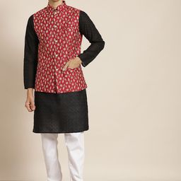 SOJANYA Men Black Chikankari Pure Cotton Kurta with Churidar & Nehru Jacket-picture-24