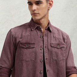 HIGHLANDER Men Cutaway Collar Faded Cotton Oversized Casual Shirt-image-69