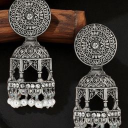 fabula Artificial Stones Studded And Beaded Dome Shaped Oxidised Jhumkas-picture-3