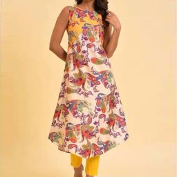 W Beige Printed A Line Kurta-image-75