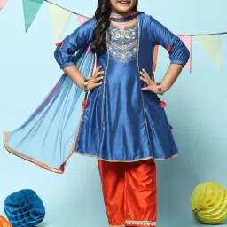 BIBA Girls Kids Blue & Orange Embroidered Kurta Set-image-60