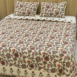 Bedbathandbliss 3 Pcs White & Red Floral Cotton Double Queen Bed Cover - 90 x 100 inch-image-7