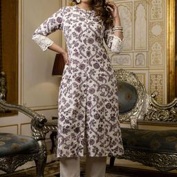 Pistaa Floral Printed High Slit Mandarin Collar Pure Cotton A-Line Kurta With Trousers-picture-24