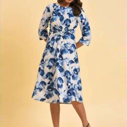 W Blue Printed A-Line Dress-image-0