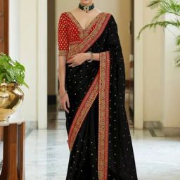Satrani Black Embroidered Saree With Unstitched Blouse-image-59
