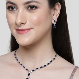 Karatcart Silver Tone Square Blue Cubic Zirconia Necklace Set for Women-12