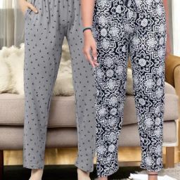 Kryptic Black & Grey Cotton Relaxed Fit Printed Lounge Pants - Pack of 2-image-8