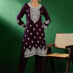 Sangria Purple Floral Embroidered Thread Work Kurta With Trouser-46