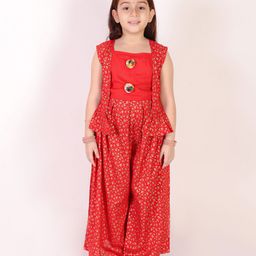 M'andy Sleeveless Gota Embellished Crop Top With Sleeveless Floral Foil Printed Jacket And Flared Palazzo - Red-image-41
