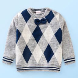 Babyhug 100% Acrylic Knit Full Sleeves Sweater With Checks Design & Bow Applique  - Grey-picture-12