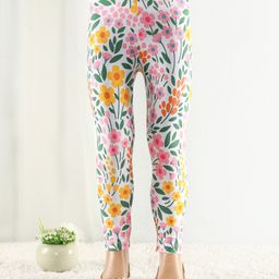 Babyhug Cotton Lycra Full Length Stretchable Leggings Floral Print- Cream-image-47
