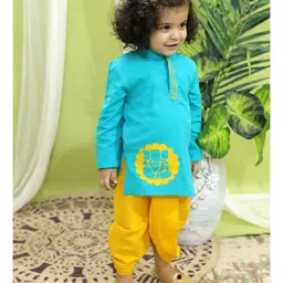 BownBee Ganesh Chaturthi Theme Full Sleeves   Ganesha Embroidered Kurta & Dhoti - Blue & Yellow-picture-13