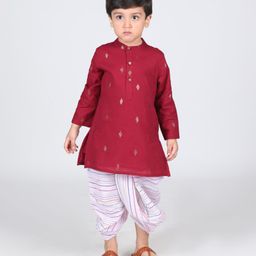 Babyhug Cotton Woven Full Sleeves Gold Foil Printed Kurta & Striped Dhoti Set - Red-image-85