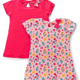 Babyhug Half Sleeves Frocks with Bow Floral Print Pack of 2 - Peach & Pink-picture-30