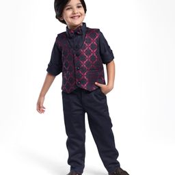 Babyhug Woven Full Sleeves Floral Embroidered 3 Piece Party Suit with Bow - Maroon & Navy Blue-image-74