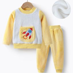 Kookie Kids Full Sleeves Winter Wear Night Suit With Rocket Applique - Yellow & White-image-66