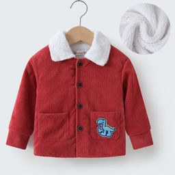 Kookie Kids Full Sleeves Solid Colour Winter Jacket with Fur Detailing at Collar & Dino Patch- Red-image-37