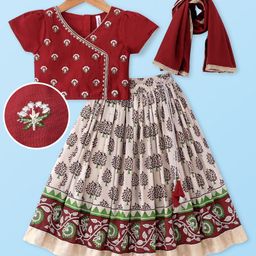 Babyhug Short Sleeve Angarakha Embroide Choli with Printed Lehenga & Dupatta Set- Maroon & White-image-66