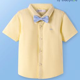 Babyoye 100% Cotton Solid Dyed Half Sleeves Shirt with Bow & Heart Embroidery - Yellow-image-26