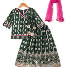 Babyhug Brocade Woven Three Fourth Sleeves Printed Choli Lehenga & Dupatta Set with Sequin Detailing - Dark Green-image-21