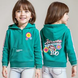Babyhug Cotton Knit Full Sleeves Hooded Sweatshirt with Floral Badge Detailing & Kangaroo Pockets - Mint Green-image-23