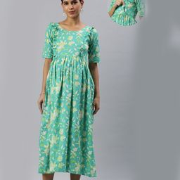 Swishchick Cotton Half Sleeves Floral Printed Maternity Dress With Concealed Zipper Nursing Access - Sea Green-picture-10