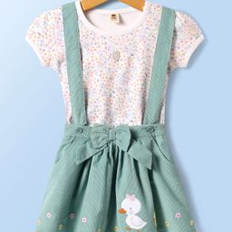 ToffyHouse Cotton Knit Half Sleeves Top & Skirt Set With Floral Print & Duck Embroidery - Mint Green & White-picture-6