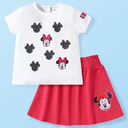 Babyhug Disney Single Jersey Knit Half Sleeves T-Shirt & Skirt Set with Minnie Mouse Graphics - White & Red-image-81