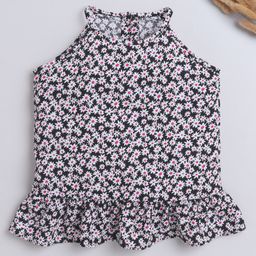 The Magic Wand Rayon Sleeveless Floral Printed & Frill Detailed Top - Black-picture-9