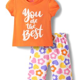 Babyhug Cotton Knit Half Puffed Sleeves Capri Night Suit with Text & Floral Print - Orange-image-71