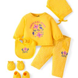 Doodle Poodle Cotton Knit Full Sleeves T-Shirt With Leggings Cap Bibs Booties & Mittens With Floral Text Print - Yellow-picture-20