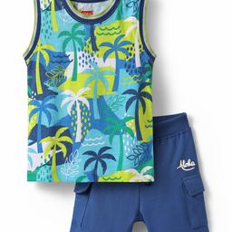 Babyhug Single Jersey Knit Sleeveless Tank T-Shirt & Shorts Set with Tropical Theme Print - Navy Blue-image-85