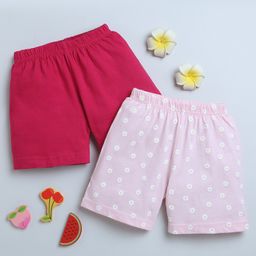Bumzee Cotton Knit Above Knee Length Shorts with Floral Print Pack of 2 - Dark Pink & Light Pink-image-97
