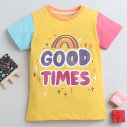 BUMZEE Cotton Woven Half Sleeves T-Shirt with Good Times Text Print - Yellow & Blue-image-79