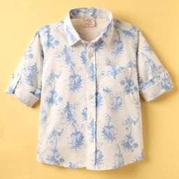 Rikidoos Cotton Full Sleeves Leaves Printed Shirt - White-image-52