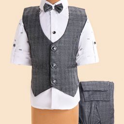 Radutu Full Sleeves Specks Printed Shirt With Checked Waistcoat Pant & Bow Set - Grey & White-image-27