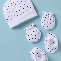 Ben Benny 100% Cotton Knit Cap Mitten Booties Set with Star Print White - Diameter 9 cm-11