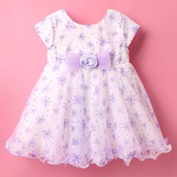 Babyhug Woven Cap Sleeves Fit & Flare Party Dress with Floral Print & Bow Applique - Lavender-image-37