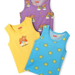 Babyhug 100% Cotton Sleeveless Teddy & Star Printed Sando Pack Of 3 -Purple Yellow & Blue-image-72
