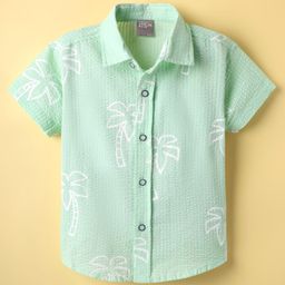 Little Kangaroos Cotton Woven Half Sleeves Shirt with Coconut Tree Print - Sea Green-image-47