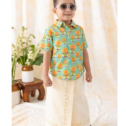 Tiber Taber 100% Cotton Half Sleeves Kathakali Dancer Printed Shirt & Lungi Set - Green-image-48