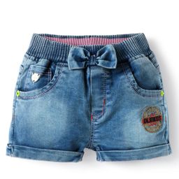 Olio Kids Knit Above Knee Length Shorts With Text Embroidery & Bow Applique - Light Blue-image-56