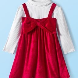 Babyhug Velour Knit Full Sleeves Inner Tee & Party Dress with Bow Applique - Maroon-picture-1