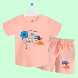 The Peppy Tend 100% Cotton Knit Raksha Bandhan Theme Half Sleeves My First Rakhi Text Printed Tee & Coordinating Shorts Set - Peach-23